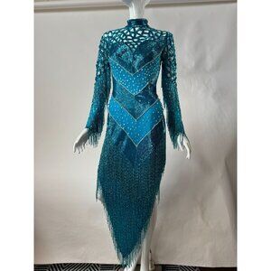 Vintage Sable Teal Beaded Long-Sleeve Couture Gown